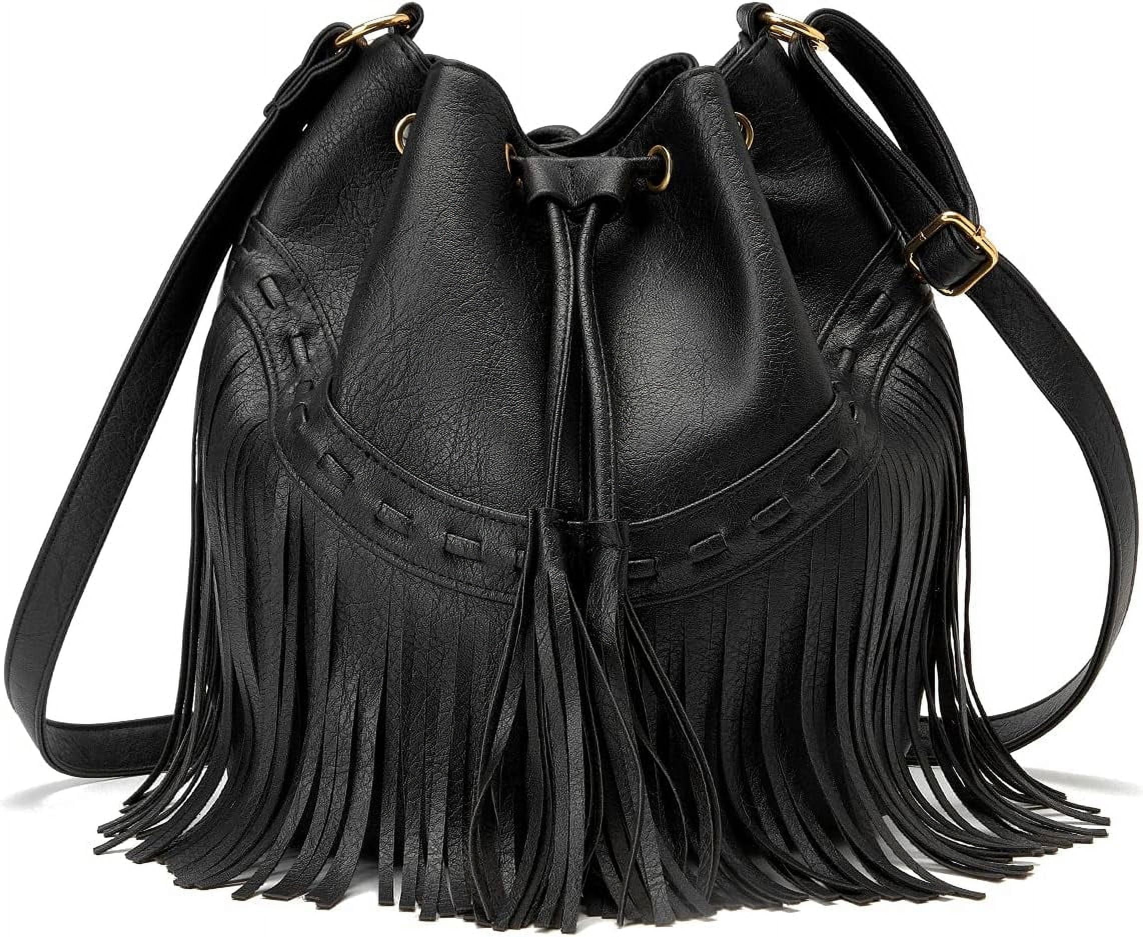 Leather Bucket Bags for Women Crossbody Fringe Purses with Drawstring Ladies Tassel Hobo and Shoulder Handbags