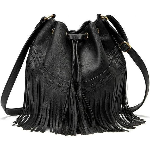 Leather Bucket Bags for Women Crossbody Fringe Purses with Drawstring Ladies Tassel Hobo and Shoulder Handbags