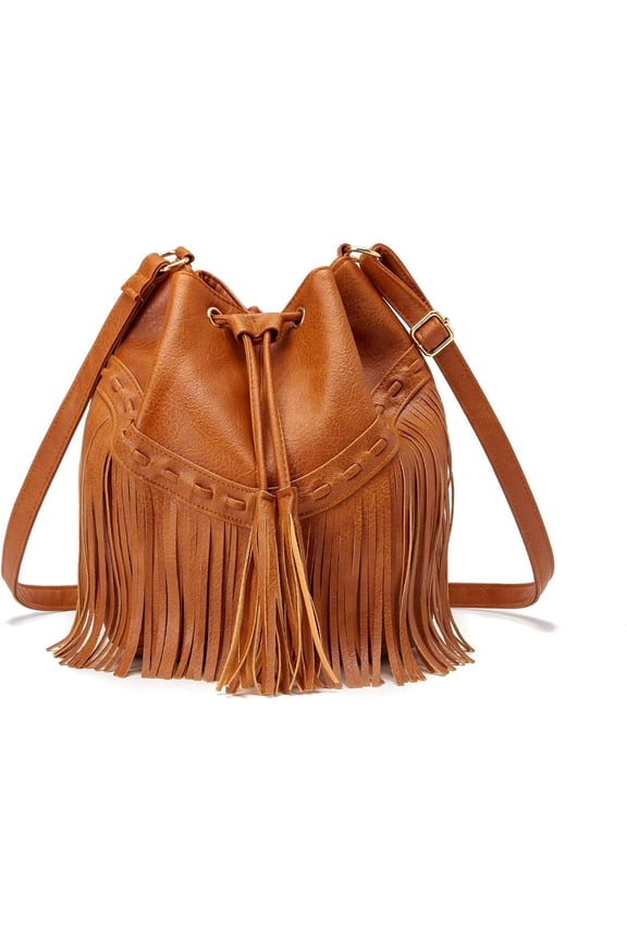 Leather Bucket Bags for Women Crossbody Fringe Purses with Drawstring Ladies Tassel Hobo and Shoulder Handbags