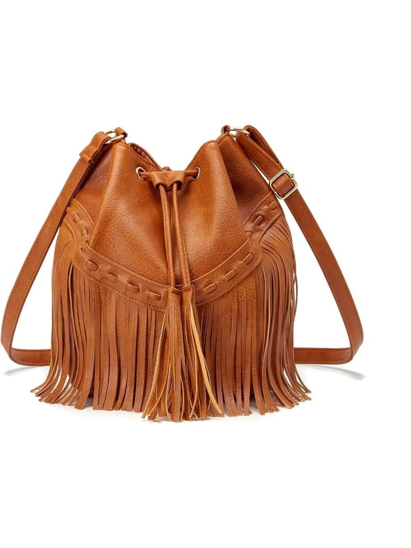 Leather Bucket Bags for Women Crossbody Fringe Purses with Drawstring Ladies Tassel Hobo and Shoulder Handbags