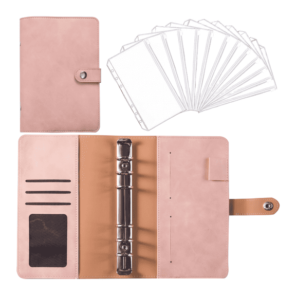 Leather Budget Planner Money Organizer A6 Leather Notebook with 12 Loose-Leaf Zipper Pockets Change Storage Book Money Saving Binder Envelopes for Budgeting