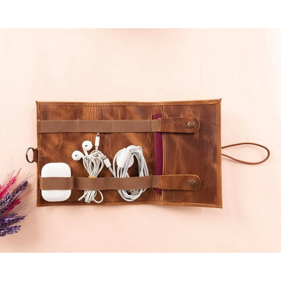 Leather Cable & Charger Organizer Bag, Personalised Cord Organizer-Passport Holder, Travel Charger Roll, Best Charger-Cable Storage Roll