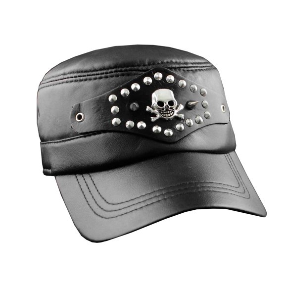 Leather Cap Biker hat Skull Studded Motorcycle Black Adjustable