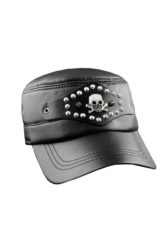 Leather Cap Biker hat Skull Studded Motorcycle Black Adjustable