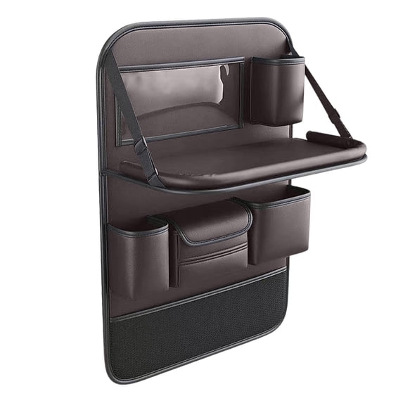Leather Car Backseat Organizer with Foldable Table Tray, Car Storage Organizer with Tablet Holder, Car Seat Back Protectors Kick MatsTravel Accessories(Coffee)
