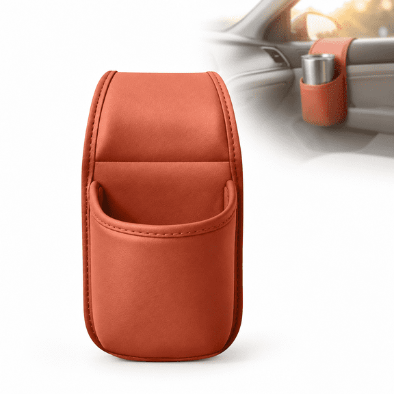 Leather Car Door Cup Holder Organizer, Vehicle Storage Pouch for Phone, Keys, Wallet & Tissues, Plush Lining, Compact & Universal Fit for Cars, SUVs & Trucks(Orange)