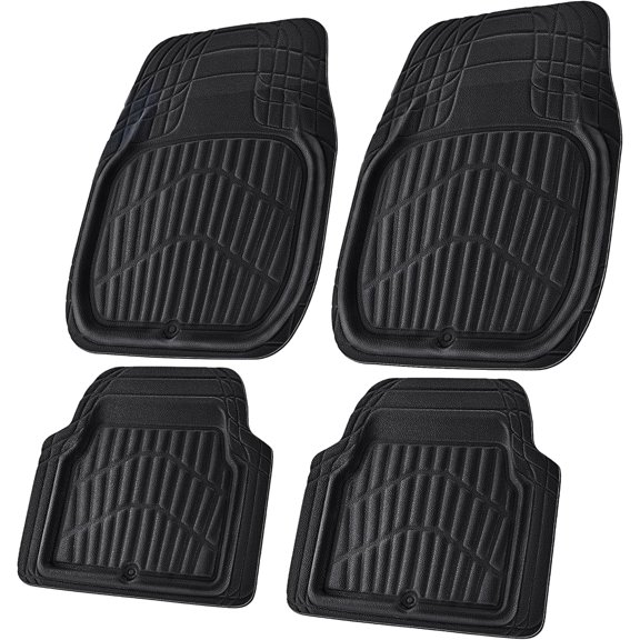 Leather Car Floor Mats -3D Waterproof All Weather Season, Universal Trim to Fit & Anti-Slip Burr Bottom Safety & Light Easy Clean Install for SUV Truck Auto & Durable Luxury (Black)
