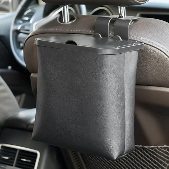Leather Car Garbage, Foldable Large Capacity Auto Trashes Can, Multipurpose Waterproof Hanging Trash Bin for Car, Vehicle, Truck, SUV, Black