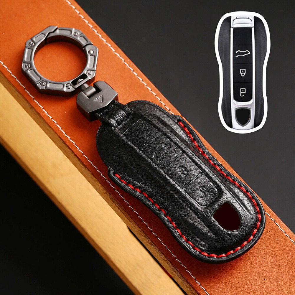 HIBEYO 4 Button Smart Key Fob Cover Compatible With Porsche 911 Cayenne Macan Panamera Taycan Key Holder Key Leather & Alloy, 3 Button Black, 3 Button - View #6