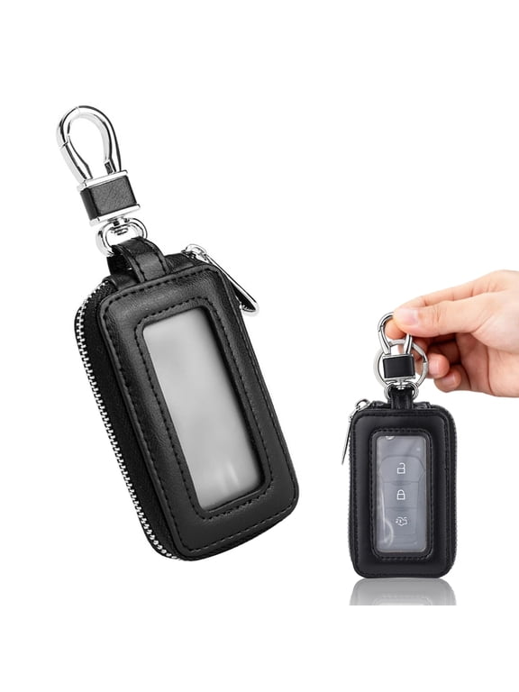 Leather Car Key Fob Case, Universal Car Key Holder, Car Fob Protector, Car Key Holder with Metal Hook and Keyring Zipper Bag Transparent Window Auto Key Case Cover Protector for Men Women