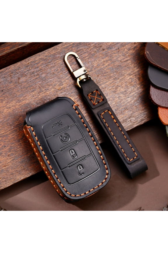 Leather Car Key Fob Cover Fit for Dodge Ram 1500 Keychain Smart Key Case Key Shell Protector 4 Button Keychain