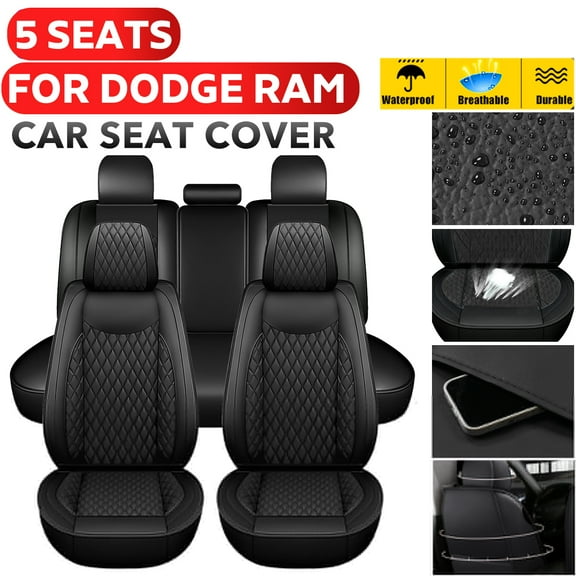 Leather Car Seat Cover 5 Seats Fits For 2009-2021 Dodge Ram 1500 2010-2021 2500 3500 Models Full Set Front Rear Cushion Seat Covers Protectors for Cars Waterproof, Black
