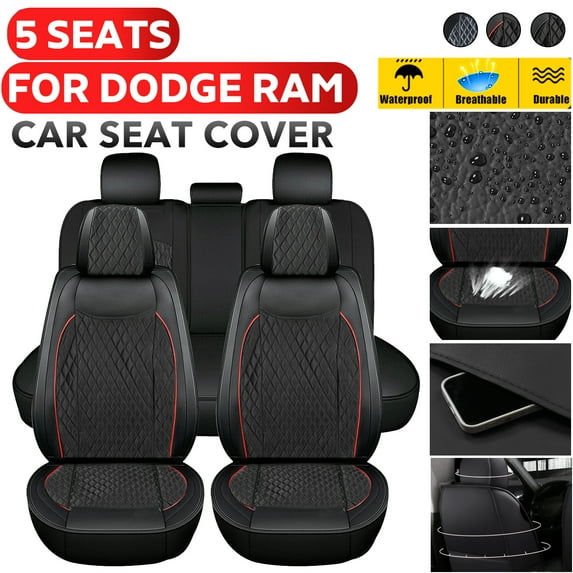 Leather Car Seat Cover 5 Seats Fits For 2009-2021 Dodge Ram 1500 2010-2021 2500 3500 Models Full Set Front Rear Cushion Seat Covers Protectors for Cars Waterproof, Red