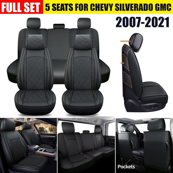 Leather Car Seat Cover Full Set 5 Seats for Chevrolet Chevy Silverado GMC Sierra 1500 2500HD 3500HD 2007-2021, Waterproof Car Seat Covers Set, Black