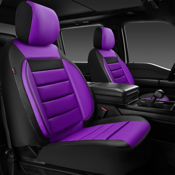 Leather Car Seat Covers Front Seats Only, Universal Fit 3D Foam Support Car Seat Covers for Trucks Vans SUVs Comfortable Automotive Interior Airbag Compatible 2 Pieces (Black Purple