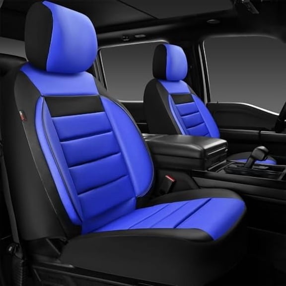 Leather Car Seat Covers Front Seats Only, Universal Fit Automotive Interior Waterproof 3D Foam Back Support Car Seat Covers for Trucks Vans and SUVs Airbag Compatible 2 Pieces Black Blue