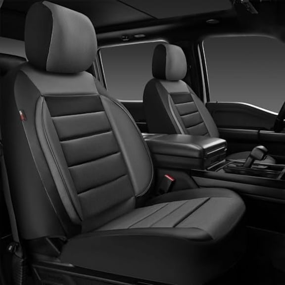 Leather Car Seat Covers Front Seats Only, Universal Fit Automotive Interior Waterproof 3D Foam Back Support Car Seat Covers for Trucks Vans and SUVs Airbag compatible 2 Pieces black gray grey