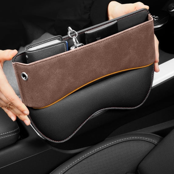 Leather Car Seat Gap Storage Box with Multi-Compartment Organizer, Universal Fit Console Insert for Phones Keys Wallets to Prevent Items Falling Between Seats and Keep Car Tidy