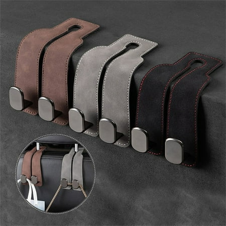 Leather Car Seat Headrest Double Hooks Organizer | Durable Leather & Metal Bag Holder | Car Seat Back Phone Mount | Space Saving Purse Hook for Wallets Bags 2 Pack | Fits Most Vehicles