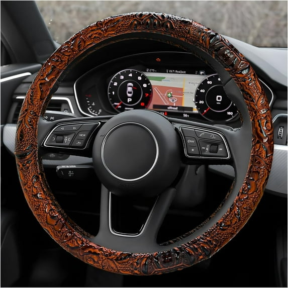 Leather Car Steering Wheel Cover, 15" Crocodile Pattern Anti Slip Car Wheel Wrap with Rose Grain, Four Seasons Universal Auto Steering Wheel Protector for Cars Trucks SUVs