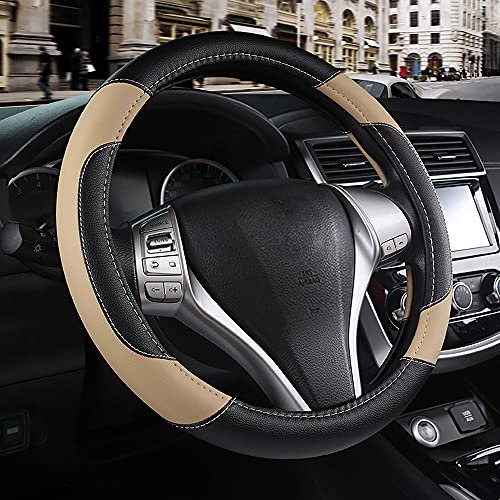 Leather Car Steering Wheel Cover, Non-Slip Car Wheel Cover Protector Breathable Microfiber Leather Universal Fit for Most Cars(Beige)