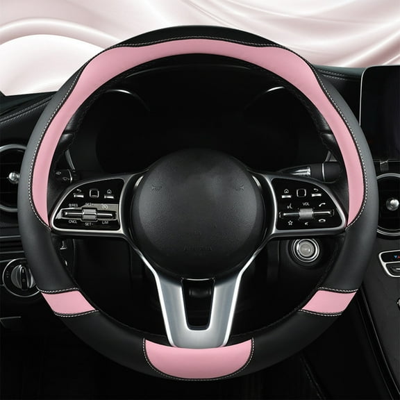Leather Car Steering Wheel Cover | Universal Fit 14-15 Inch | Microfiber Leather Non-Slip Breathable Grip Protector | Stylish Pink Accent Auto Interior Accessory | Easy Install | Durable