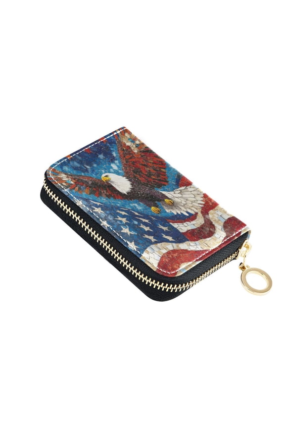 Leather Card Holder Wallet with Zipper RFID Blocking 9 Card Slots 2 Coin Pockets Compact Pocket Size American Flag Bald Eagle