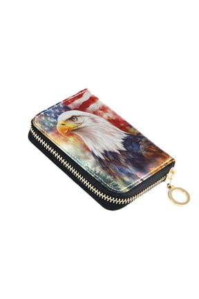 Leather Card Holder Wallet with Zipper RFID Blocking 9 Card Slots 2 Coin Pockets Compact Pocket Size American Flag Eagle Tree
