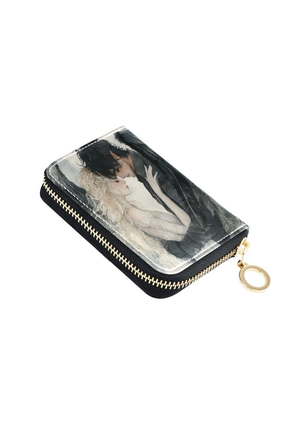 Leather Card Holder Wallet with Zipper RFID Blocking 9 Card Slots 2 Coin Pockets Compact Pocket Size Angel Devil