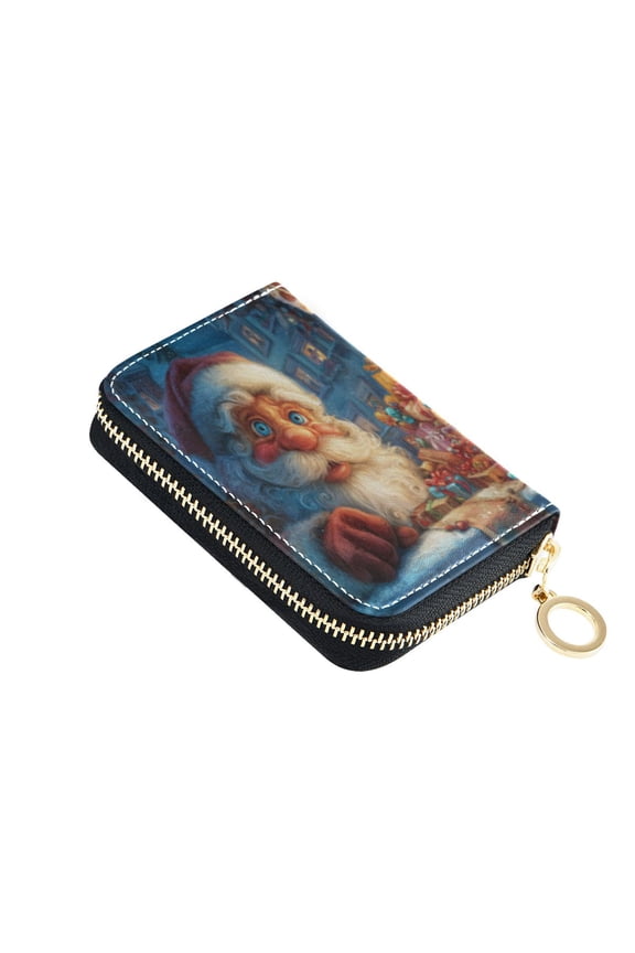 Leather Card Holder Wallet with Zipper RFID Blocking 9 Card Slots 2 Coin Pockets Compact Pocket Size Anime Santa Claus