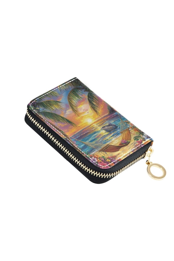 Leather Card Holder Wallet with Zipper RFID Blocking 9 Card Slots 2 Coin Pockets Compact Pocket Size Beach Hammock