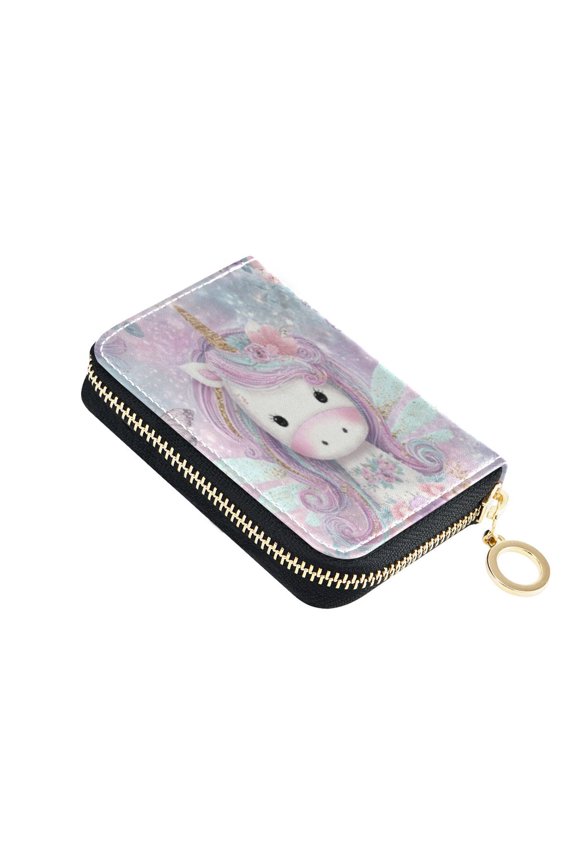 Leather Card Holder Wallet with Zipper RFID Blocking 9 Card Slots 2 Coin Pockets Compact Pocket Size Beautiful Unicorn