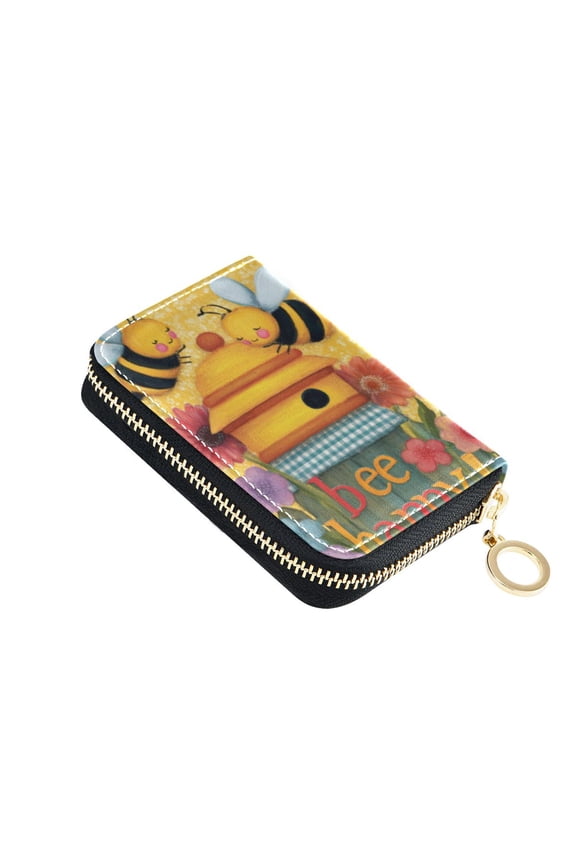 Leather Card Holder Wallet with Zipper RFID Blocking 9 Card Slots 2 Coin Pockets Compact Pocket Size Bee Happy
