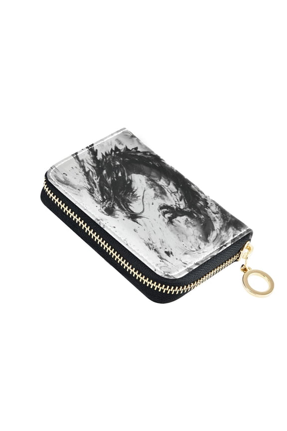 Leather Card Holder Wallet with Zipper RFID Blocking 9 Card Slots 2 Coin Pockets Compact Pocket Size Black Dragon