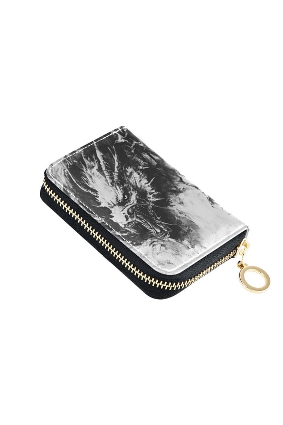 Leather Card Holder Wallet with Zipper RFID Blocking 9 Card Slots 2 Coin Pockets Compact Pocket Size Black Dragons