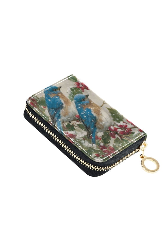 Leather Card Holder Wallet with Zipper RFID Blocking 9 Card Slots 2 Coin Pockets Compact Pocket Size Blue Birds