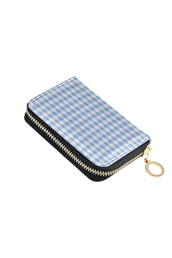 Leather Card Holder Wallet with Zipper RFID Blocking 9 Card Slots 2 Coin Pockets Compact Pocket Size Blue Checkered