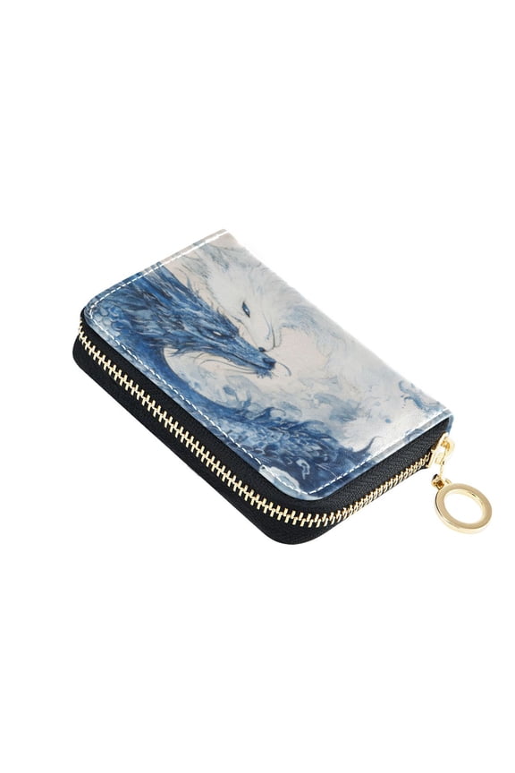 Leather Card Holder Wallet with Zipper RFID Blocking 9 Card Slots 2 Coin Pockets Compact Pocket Size Blue Dragon and White Fox