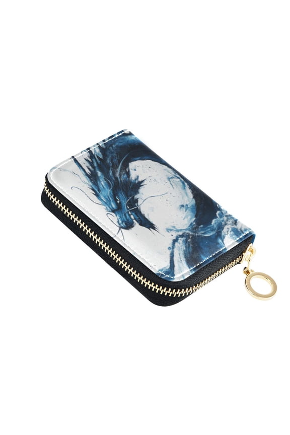 Leather Card Holder Wallet with Zipper RFID Blocking 9 Card Slots 2 Coin Pockets Compact Pocket Size Blue Dragon