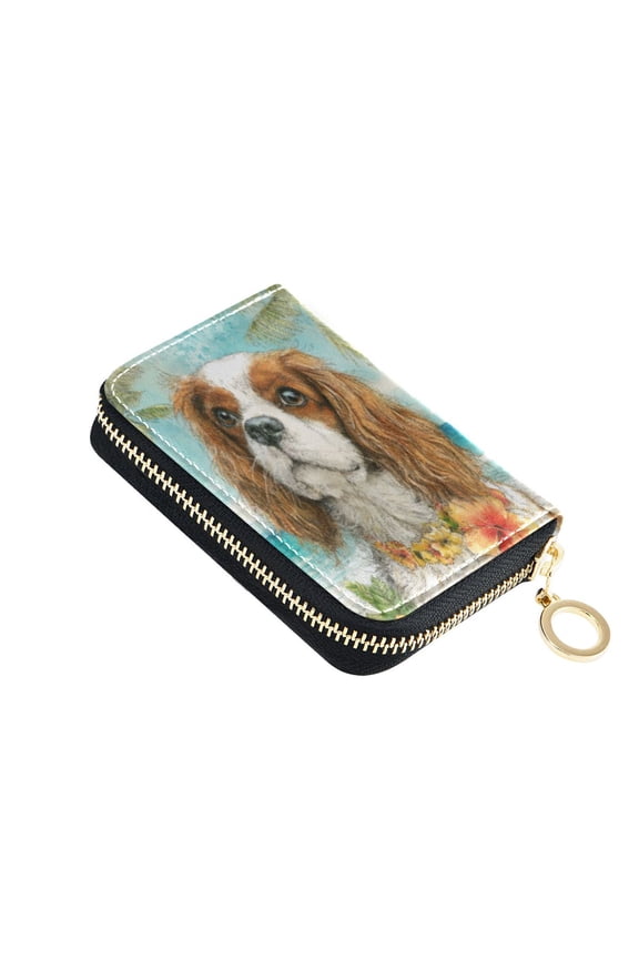 Leather Card Holder Wallet with Zipper RFID Blocking 9 Card Slots 2 Coin Pockets Compact Pocket Size Cavalier King Charles Spaniel Dog