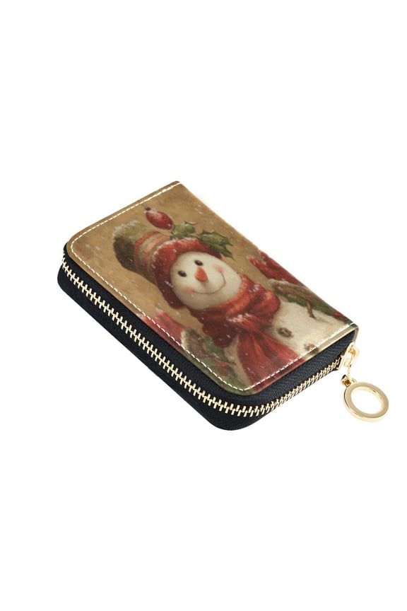 Leather Card Holder Wallet with Zipper RFID Blocking 9 Card Slots 2 Coin Pockets Compact Pocket Size Cheerful Snowman