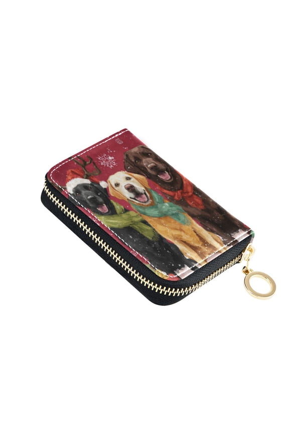 Leather Card Holder Wallet with Zipper RFID Blocking 9 Card Slots 2 Coin Pockets Compact Pocket Size Christmas Labrador Dogs