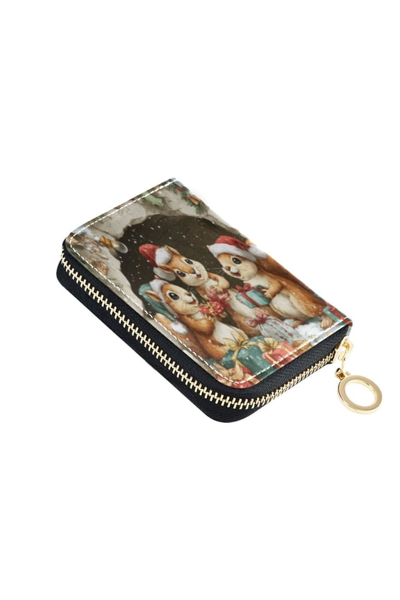 Leather Card Holder Wallet with Zipper RFID Blocking 9 Card Slots 2 Coin Pockets Compact Pocket Size Cute Baby Squirrels