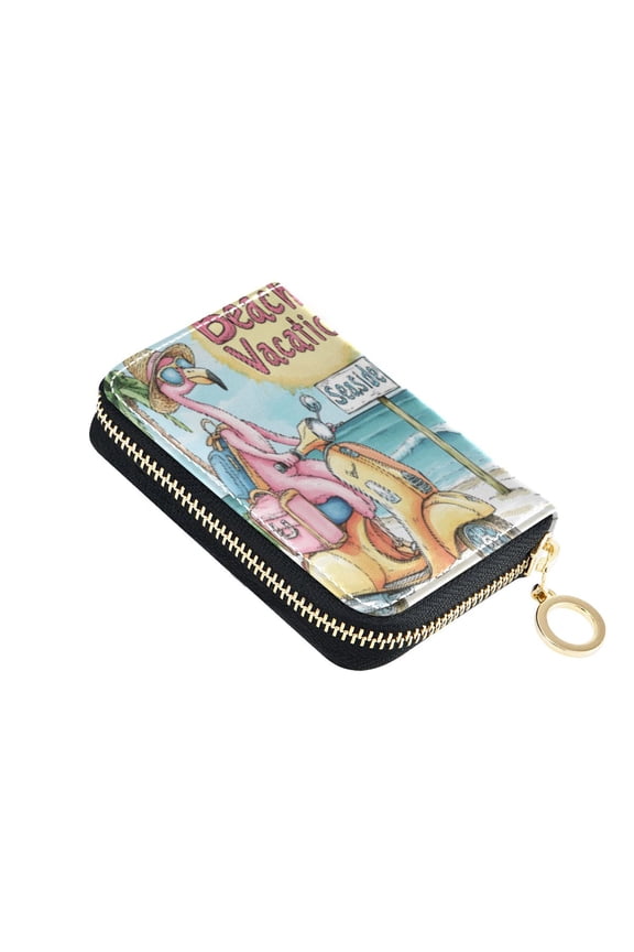 Leather Card Holder Wallet with Zipper RFID Blocking 9 Card Slots 2 Coin Pockets Compact Pocket Size Cute Cartoon Flamingo