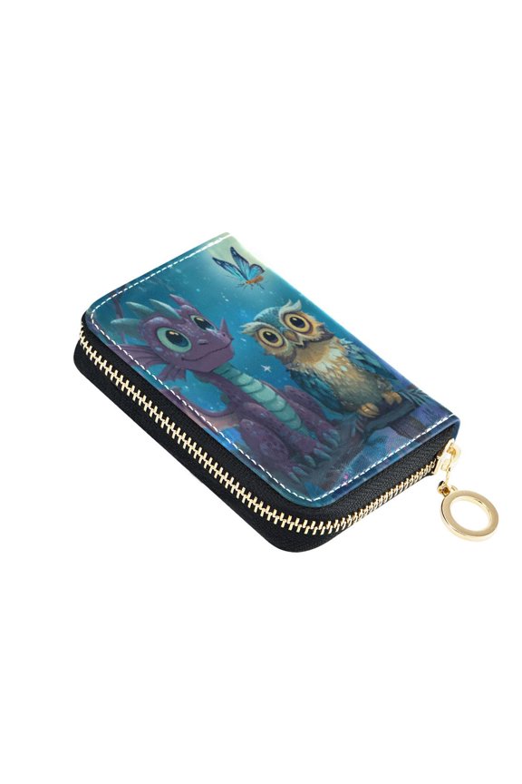 Leather Card Holder Wallet with Zipper RFID Blocking 9 Card Slots 2 Coin Pockets Compact Pocket Size Cute Dragon Owl