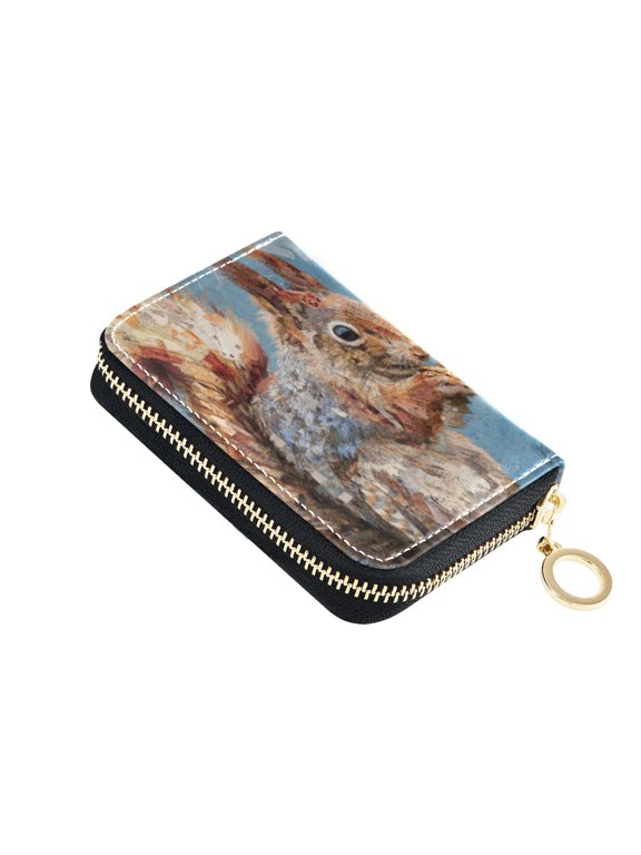 Leather Card Holder Wallet with Zipper RFID Blocking 9 Card Slots 2 Coin Pockets Compact Pocket Size Cute Squirrel