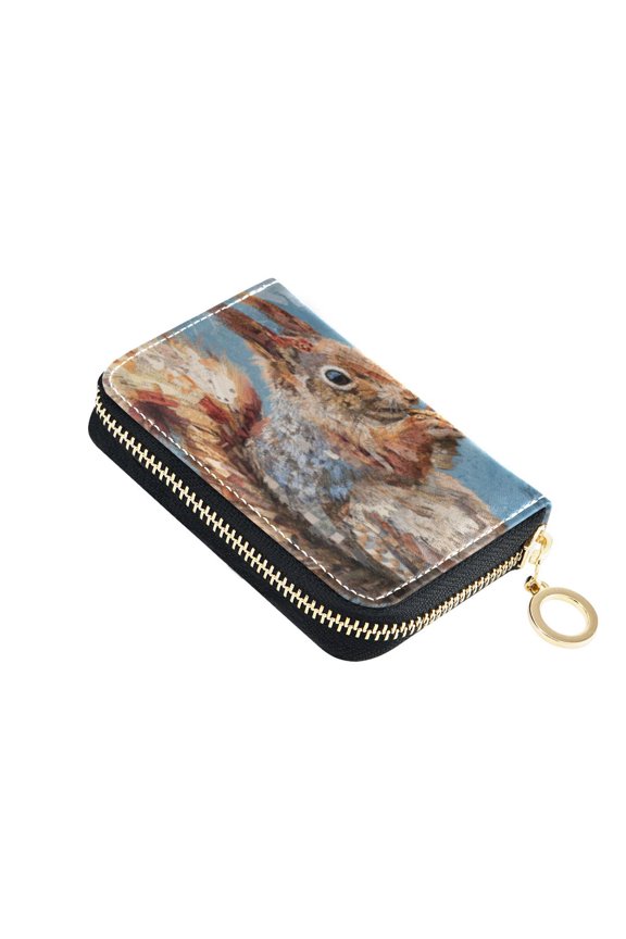 Leather Card Holder Wallet with Zipper RFID Blocking 9 Card Slots 2 Coin Pockets Compact Pocket Size Cute Squirrel