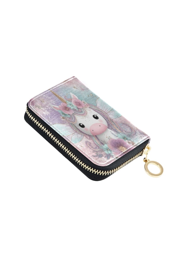 Leather Card Holder Wallet with Zipper RFID Blocking 9 Card Slots 2 Coin Pockets Compact Pocket Size Cute Unicorn