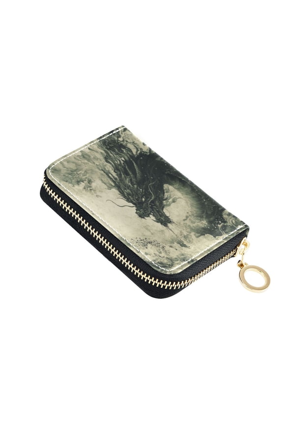 Leather Card Holder Wallet with Zipper RFID Blocking 9 Card Slots 2 Coin Pockets Compact Pocket Size Dark Green Dragon