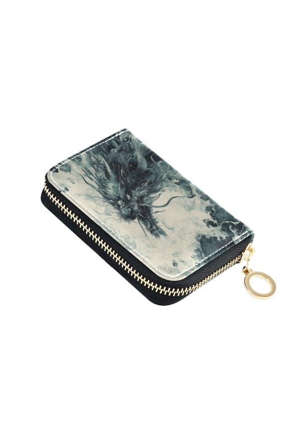 Leather Card Holder Wallet with Zipper RFID Blocking 9 Card Slots 2 Coin Pockets Compact Pocket Size Deep Green Dragon